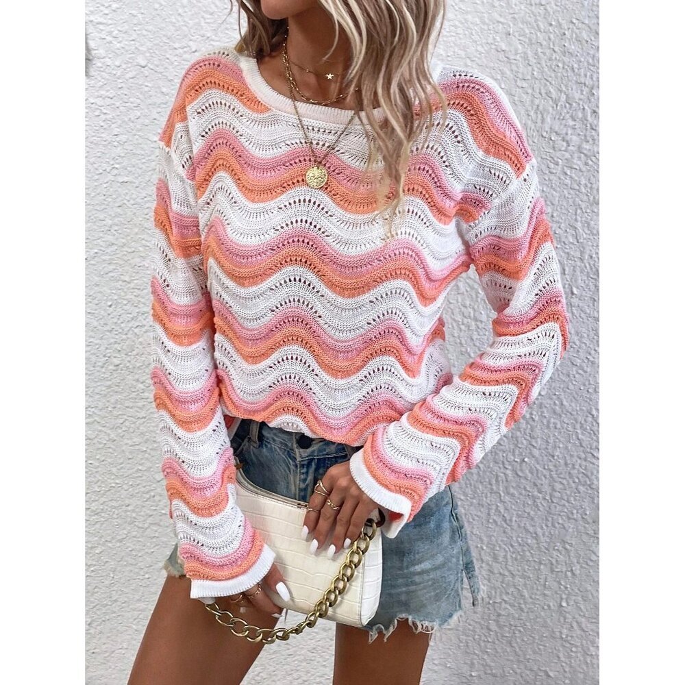 zig zag striped soft knit sweater pink white orange - Picture 1 of 2